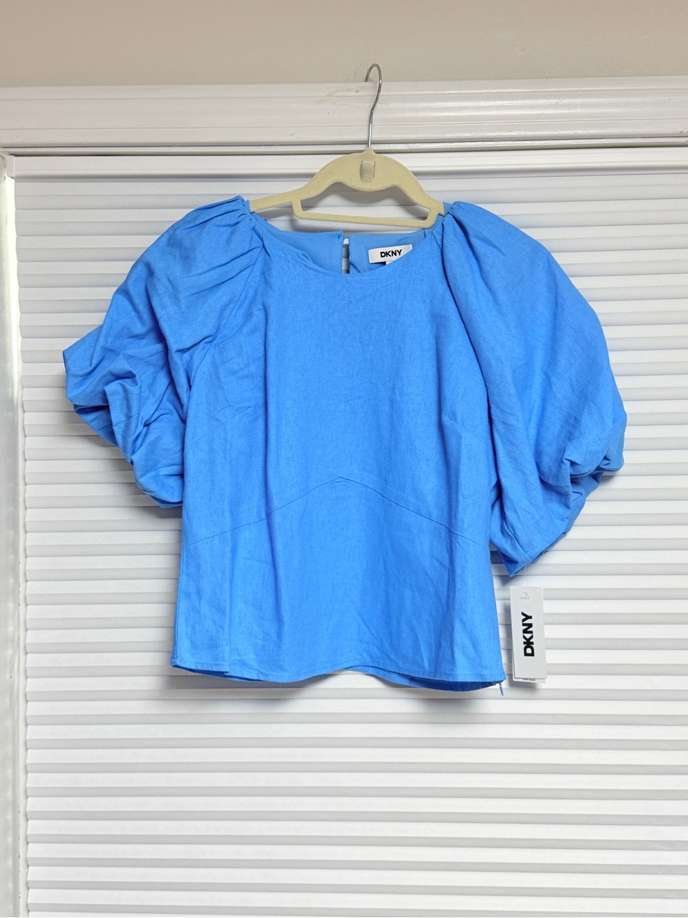 DKNY linen blend Puff Sleeve Blouse in Pool Blue - Picture 1 of 7